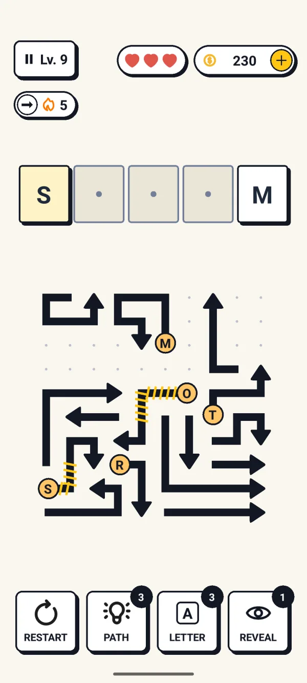 Mid-level board with spring arrows and a partly revealed word