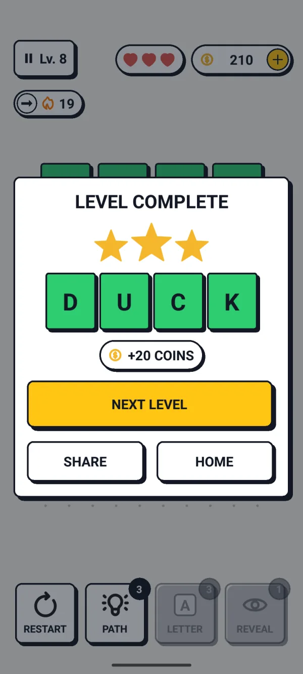 Level complete screen with three stars and coins
